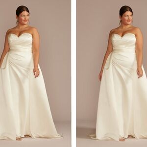 David's Bridal Satin Ruched Bodice Wedding Dress with Overskirt and Garment Bag
